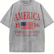America 1776 Distressed Patriotic USA Liberty Fourth July Vintage Washed T-Shirt in Gray
