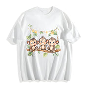 With Three Monkeys on Branch Yellow Flowers and Green Cotton T-Shirt in White
