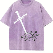 Grunge Vibes for the Urban Explorer: Inverted Cross On Vintage Washed T-Shirt in Purple