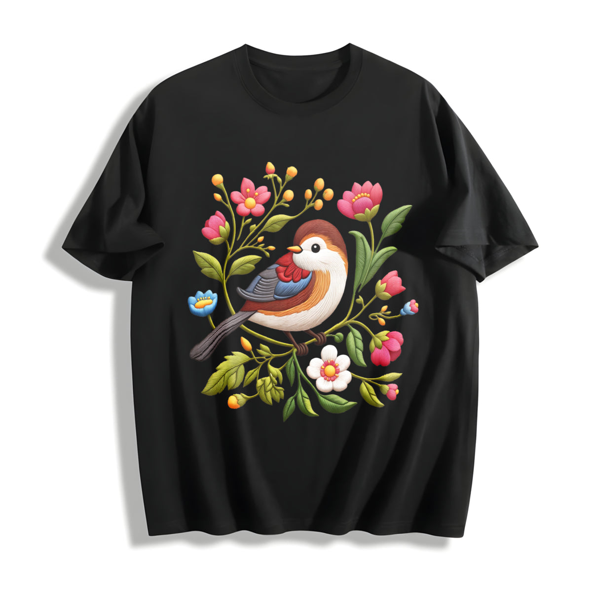 Embroidered- Bird & Floral Cotton T-Shirt in Black