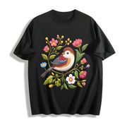 Embroidered- Bird & Floral Cotton T-Shirt in Black
