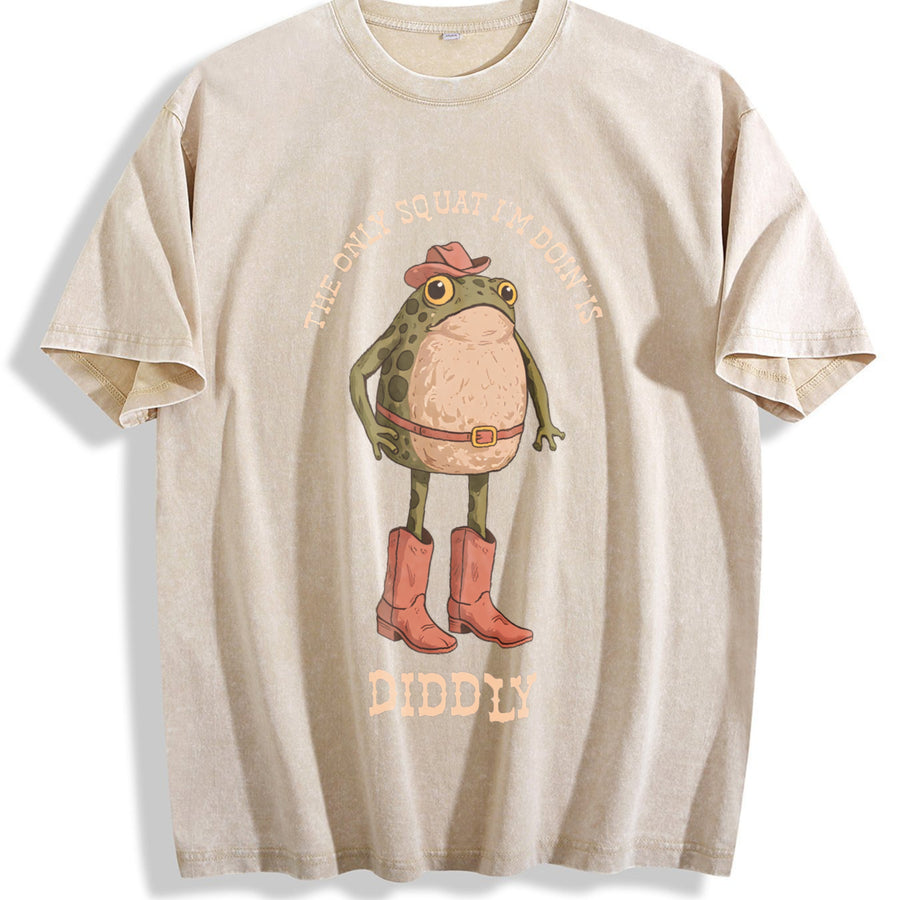 The Only Squat I'm Doin' Is Diddly Cowboy Frog vintage washed oversized T-shirt in Beige