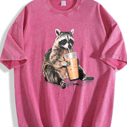 Raccoon Drinking Iced Coffee 90s Vintage Washed T-Shirt in Red