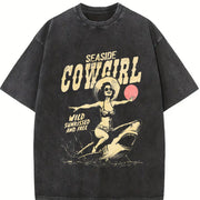Retro Seaside Cowgirl Vintage Washed T-Shirt in Black