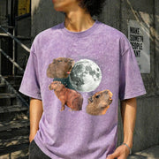 Capybara Moon Retro Meme Moon Vintage Washed T-Shirt in Purple