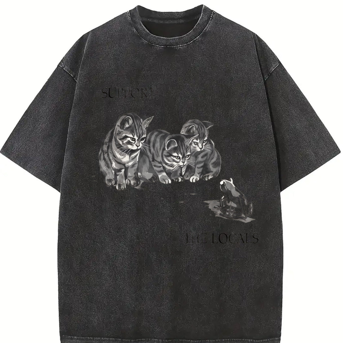 Kitten and Frog Cat Vintage Washed T-Shirt in Black