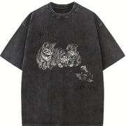 Kitten and Frog Cat Vintage Washed T-Shirt in Black