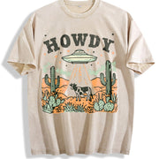 Howdy Ufo Western Cow Retro Cowboy 90s Desert Cactus Y2k Vintage Washed T-Shirt in Beige