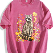 Cute Raccoon Floral Vintage Washed T-Shirt in Red