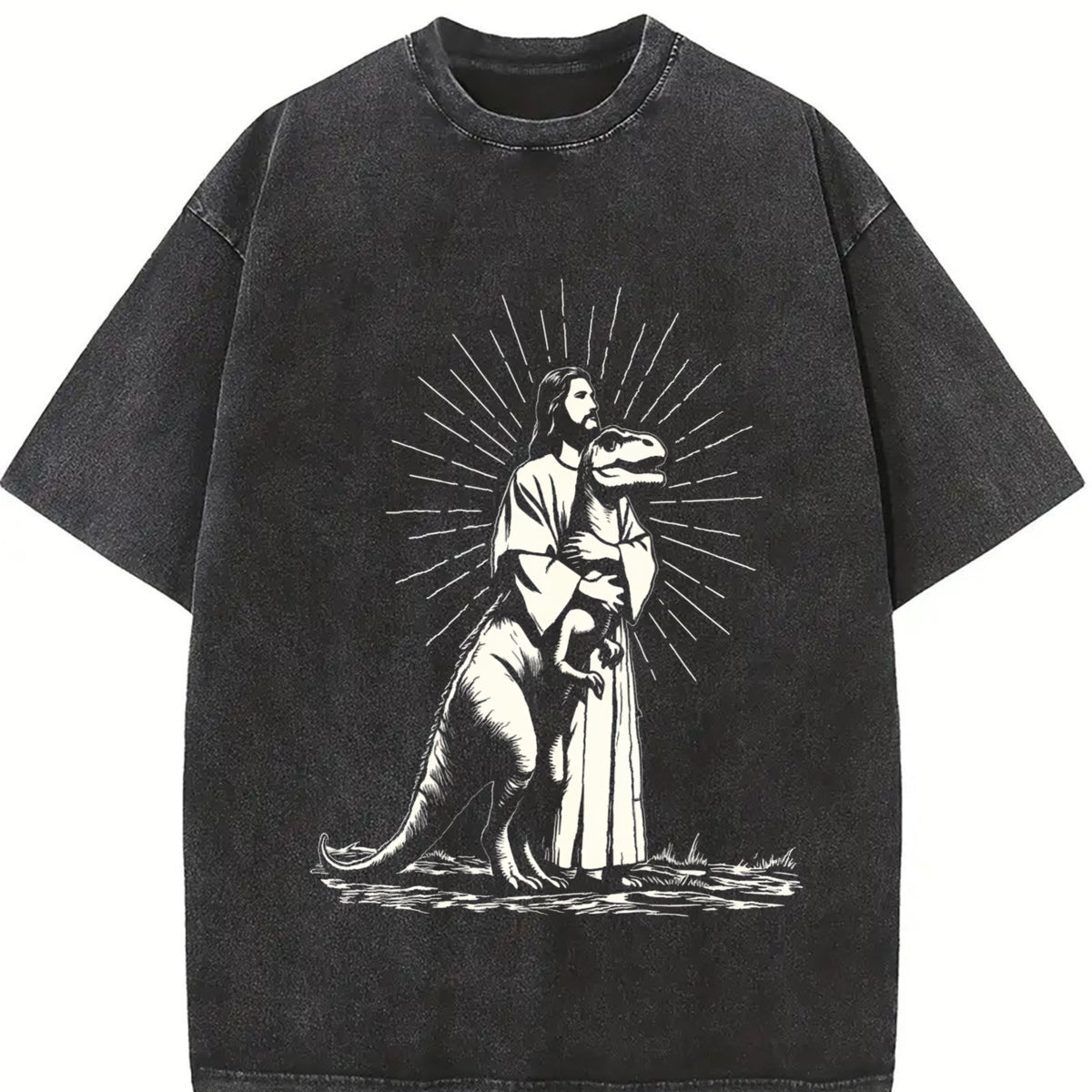 Retro Jesus Holding Dinosaur Religious Vintage Washed T-Shirt in Black