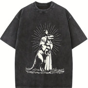 Retro Jesus Holding Dinosaur Religious Vintage Washed T-Shirt in Black