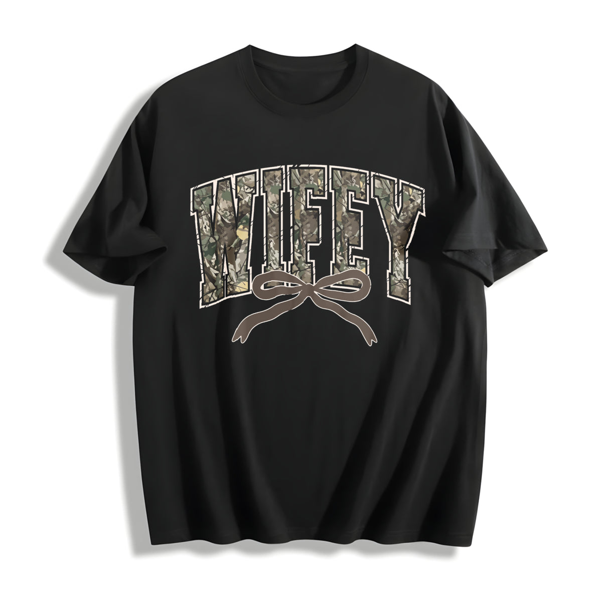 Hunting Wifey Varsity Wifey Camo Cotton T-Shirt in Black