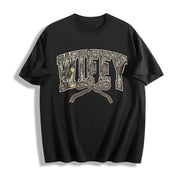 Hunting Wifey Varsity Wifey Camo Cotton T-Shirt in Black