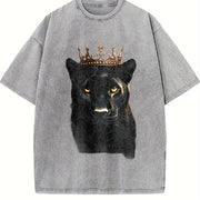 Black Wild Leopard with Crown 90s Vintage Washed T-Shirt in Gray