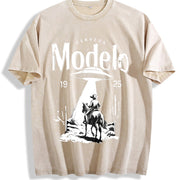 Modelo UFO Cowboy Retro with Cerveza Modelo Letter Vintage Washed T-Shirt in Beige