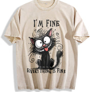 Animal Letter Cat Fine 1pc Vintage Washed T-Shirt in Beige