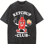 Toddler Ketchup Club Kids Retro Cartoon Foodie for Boys Vintage Washed T-Shirt in Black