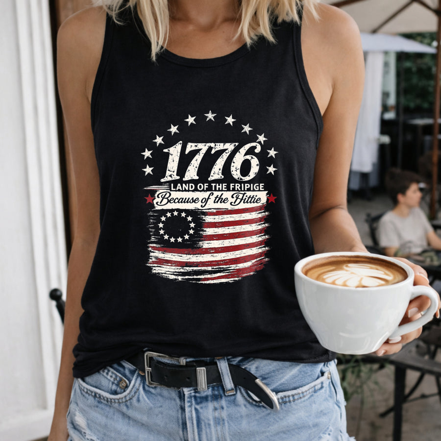 1776 Land of the Free Because of the Brave Women's Color Cotton Tank Top in Black