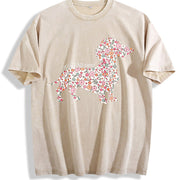 Floral Dachshund Wiener Dog Vintage Washed T-Shirt in Beige