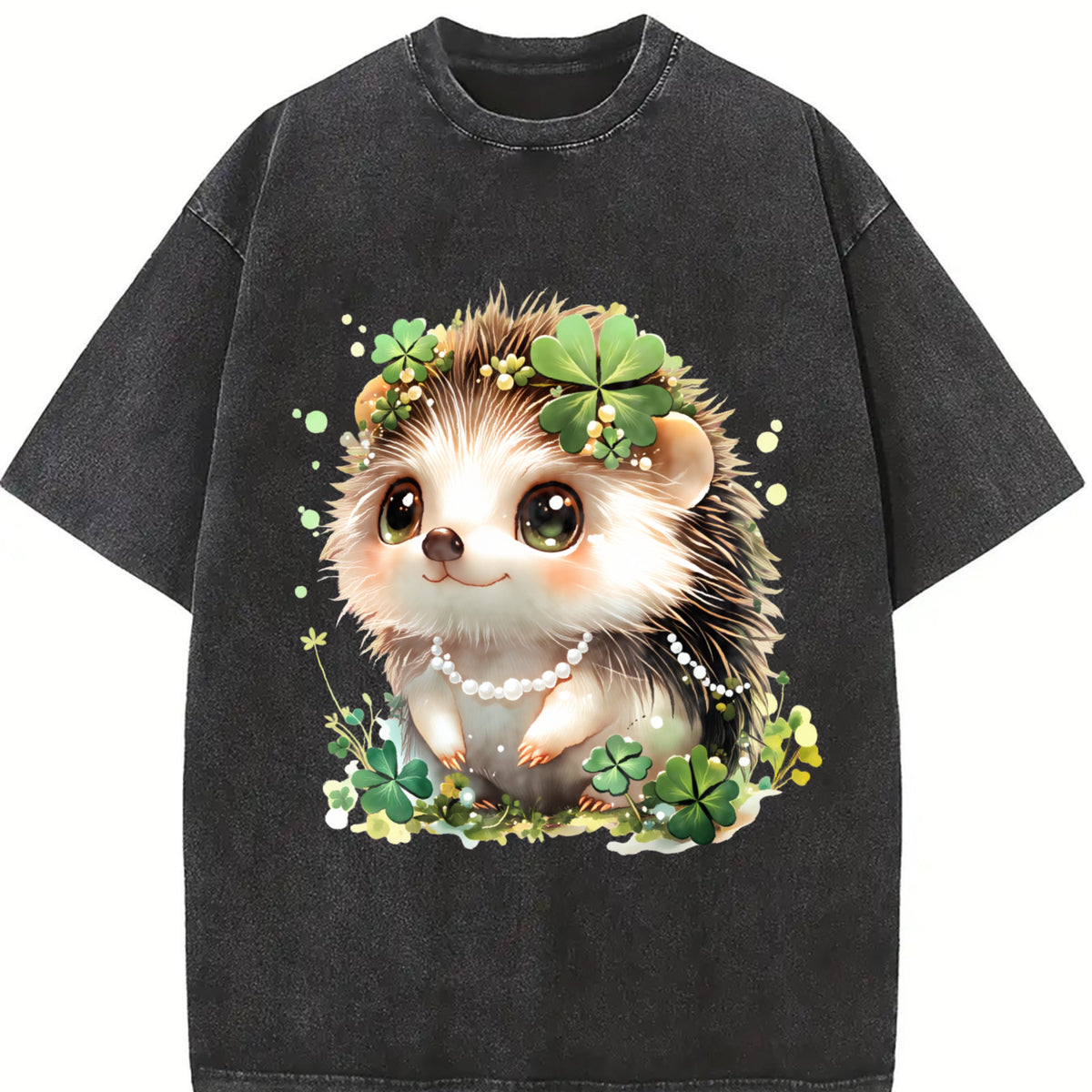 Hedgehog with Jewelry and Lucky Four-leaf Clover Vintage Washed T-Shirt in Black