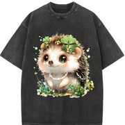 Hedgehog with Jewelry and Lucky Four-leaf Clover Vintage Washed T-Shirt in Black