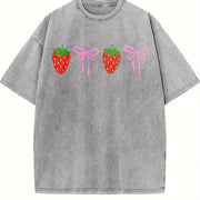 Strawberry Bow Embroidered Vintage Washed T-Shirt in Gray