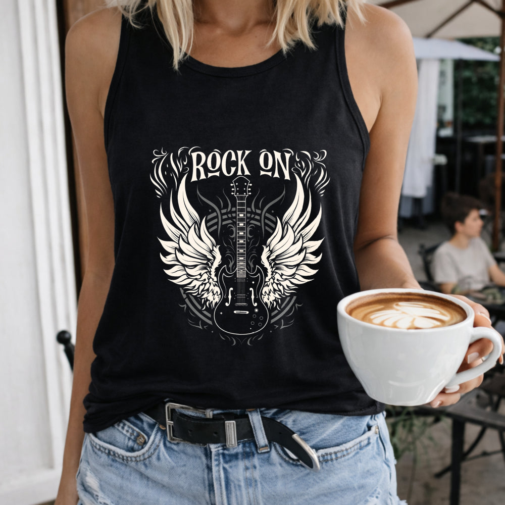 Rock on Guitar Wings Crew-neck Sleeveless Vest Outdoor Women's Color Cotton Tank Top in Black