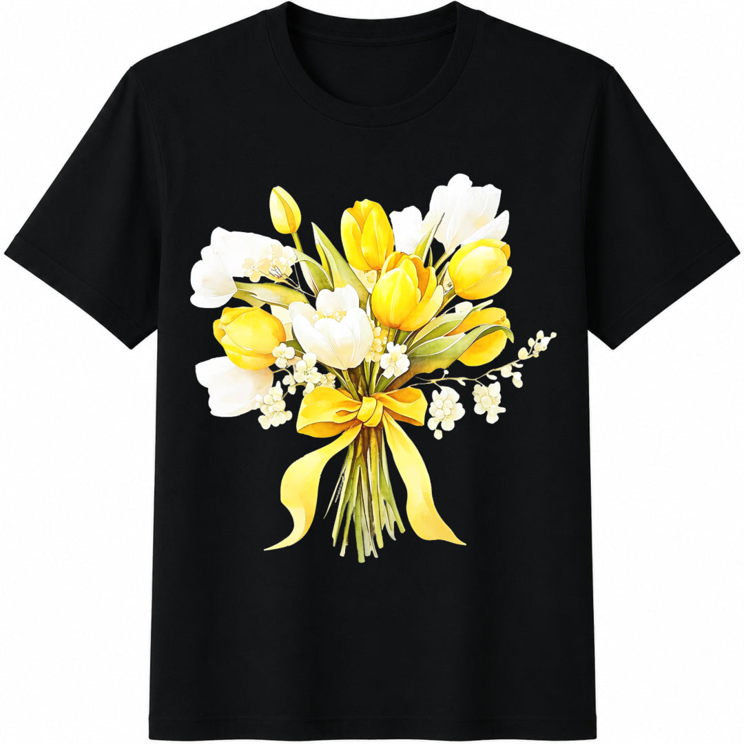 Yellow Tulip Bouquet Cotton T-Shirt in Black
