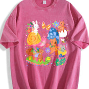 Cute Forest Animals and Mushrooms Vintage Washed T-Shirt in Red