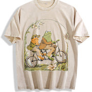 Frog and Toad on Bike Lovers Vintage Washed T-Shirt in Beige