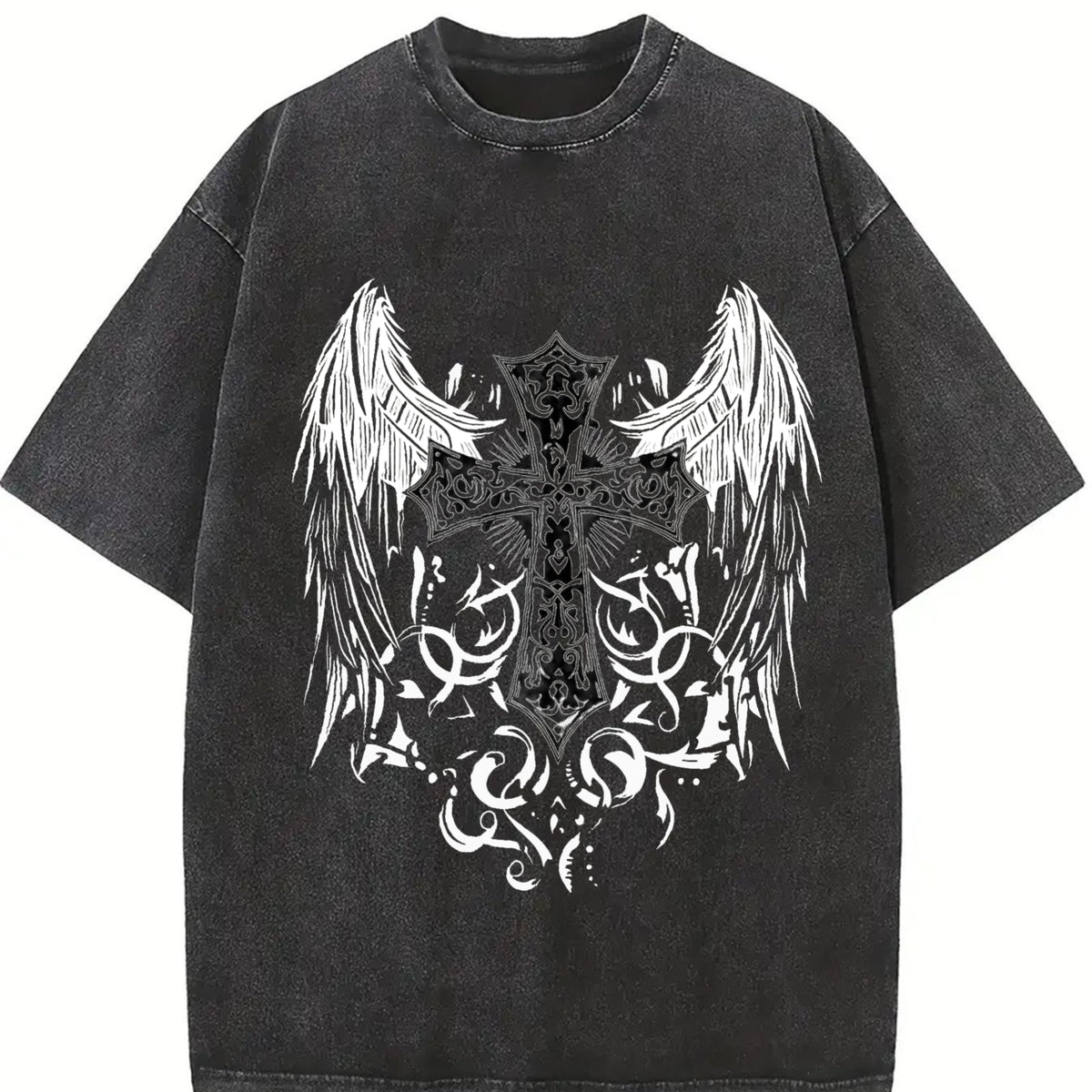Gothic Lover + Ornate Angel Wing Cross + Sand- Feel + + Vintage Washed T-Shirt in Black