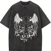 Gothic Lover + Ornate Angel Wing Cross + Sand- Feel + + Vintage Washed T-Shirt in Black