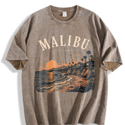Malibu California Beach Travel Coastal Surf Souvenir Surf Vintage Washed T-Shirt in Brown
