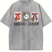 Preppy Baseball Coquette Brushstroke Game Day Baseball Vintage Washed T-Shirt in Gray