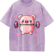Cute Pig Lifting Barbell Heart Vintage Washed T-Shirt in Purple