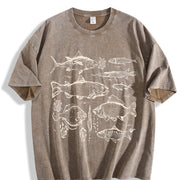 White Landscape Line Art Vintage Washed T-Shirt in Brown