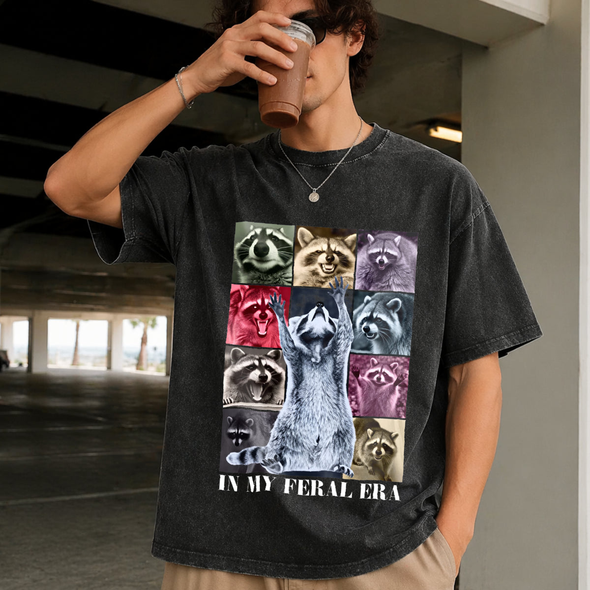 In My Feral Era Raccoon Animal Meme Racoons Team Trash Vintage Washed T-Shirt in Black