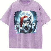 Retro Christmas Wolf Teenager Vintage Washed T-Shirt in Purple