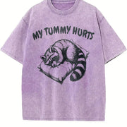 Retro Cute Raccoon My Tummy Hurts 90s Vintage Washed T-Shirt in Purple