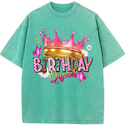 Birthday Queen Cartoon Spring/ Regular Length vintage washed oversized T-shirt in Blue