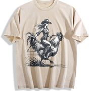 Cowgirl Riding Chicken 90s Vintage Washed T-Shirt in Beige