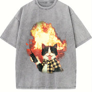 Explosion Cat Vintage Washed T-Shirt in Gray