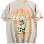 F-Caw-F Raven Floral Skull vintage washed oversized T-shirt in Beige