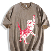 Playful Cat Retro 90s Cute Feline Vintage Washed T-Shirt in Brown