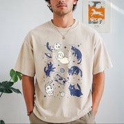 Cats in Space Cat Lover Vintage Washed T-Shirt in Beige