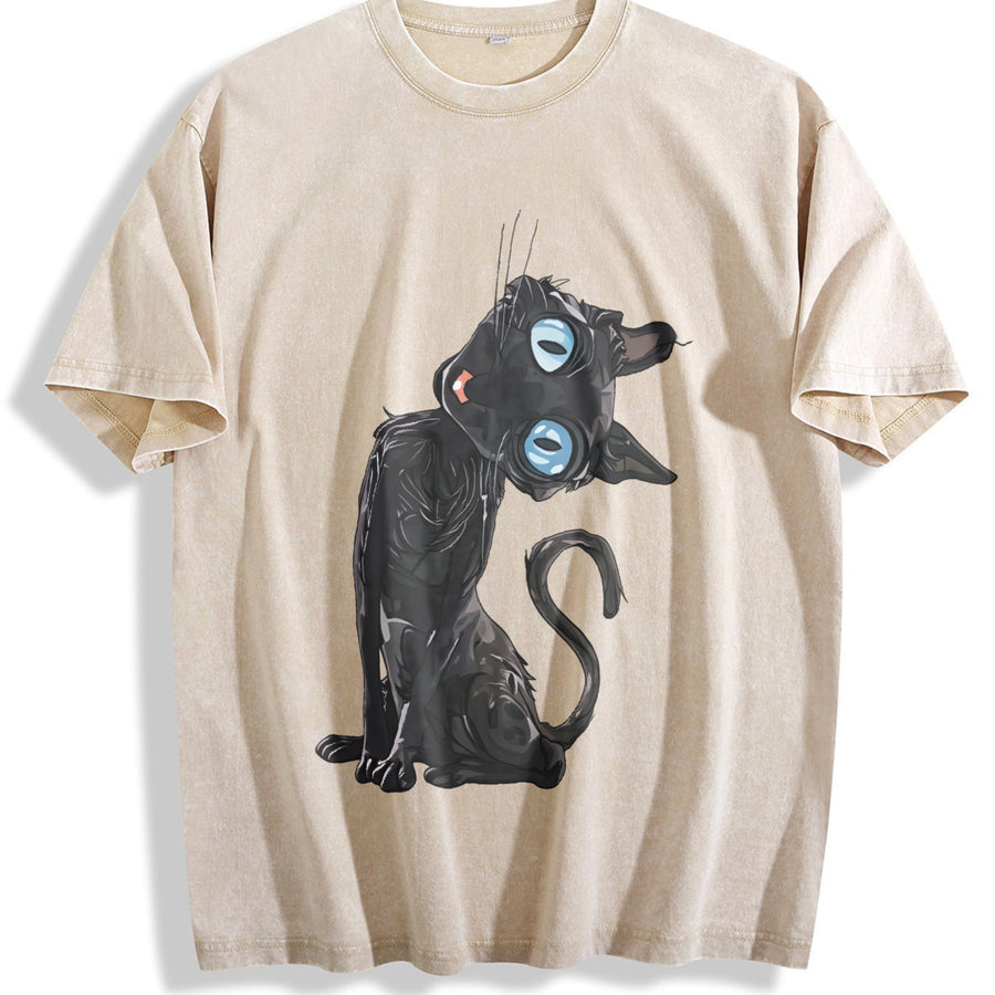 Coraline-Inspired Black Cat vintage washed oversized T-shirt in Beige