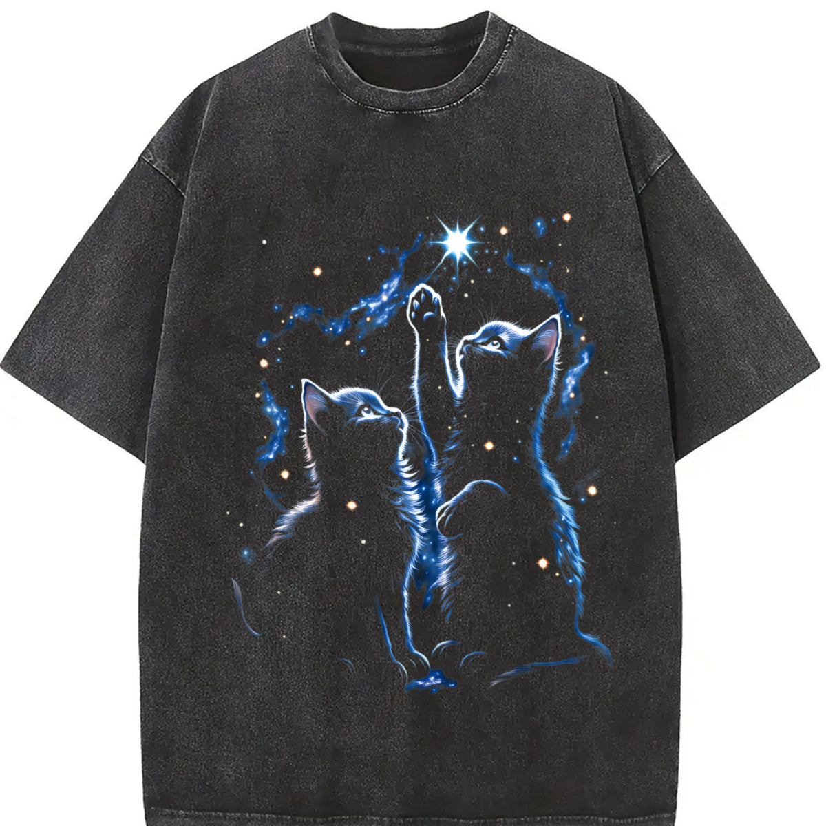 Two Cats Playing Galaxy Vintage Washed T-Shirt in Black