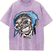 Hip Hop Cartoon Character Sleeveless Tank Vintage Washed T-Shirt in Purple