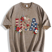 USA Flag Floral Boxy Retro Y2K Vibes or Lived-in Vintage Washed T-Shirt in Brown