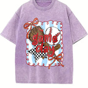 Baseball Game Day Coquette Bow Baseball Mama Vintage Washed T-Shirt in Purple